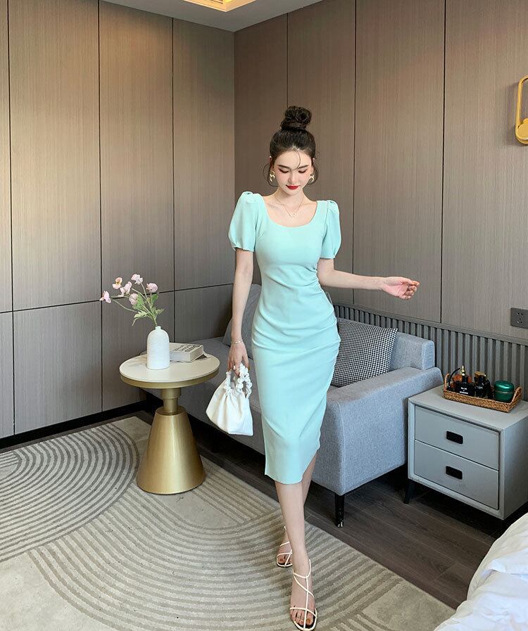 【dress】一目惚れ!韓国風INS風OL通勤スクエアネック半袖パフ袖スリット無地タイトワンピースF2364