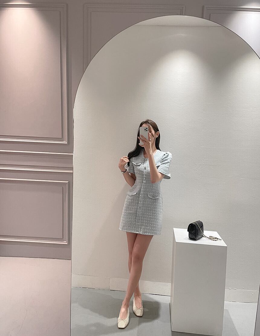 【dress】韓流スタイル!気質満点レトロスウィートフランス風ラウンドネック体型カバー着痩せパフスリーブワンピース G6970