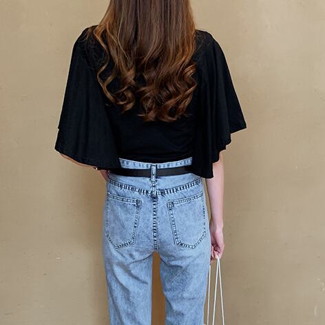 【tops】美人度アップVネック半袖ファッションフレアスリーブ無地着回しTシャツF0001