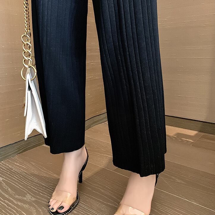 【set】薄手ニットラウンドネックTシャツ+無地ガウチョパンツおしゃれセットアップ