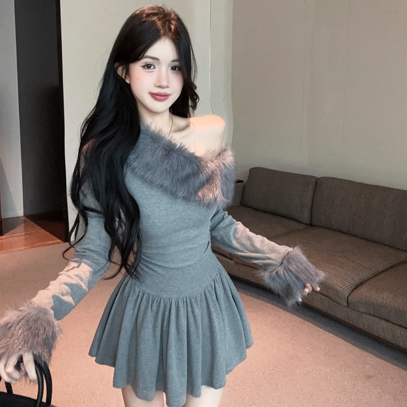 【dress】ファー付きフレアワンピース Q7564