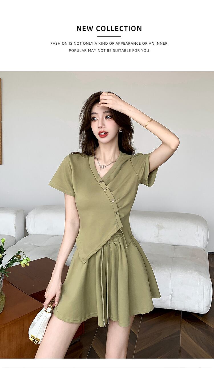 【set】Vネック不規則トップス+キュロットスカート2点セットG20989