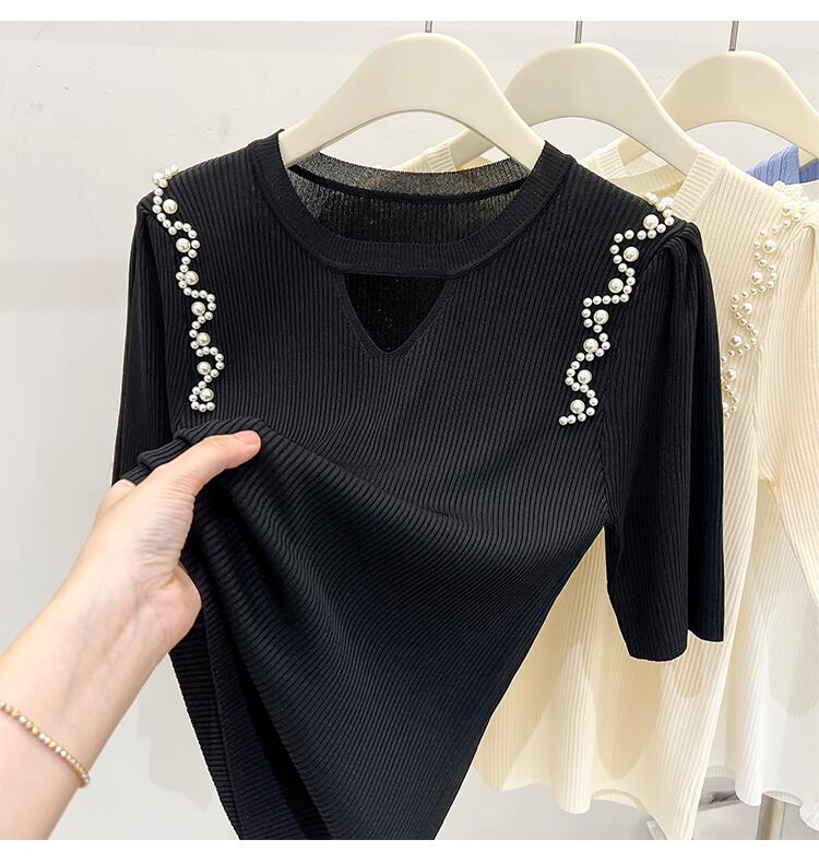 【tops】ビーズ半袖ニットTシャツF7310
