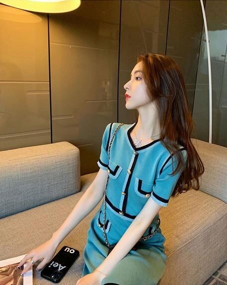 【dress】ラウンドネック半袖ニットワンピースF7335