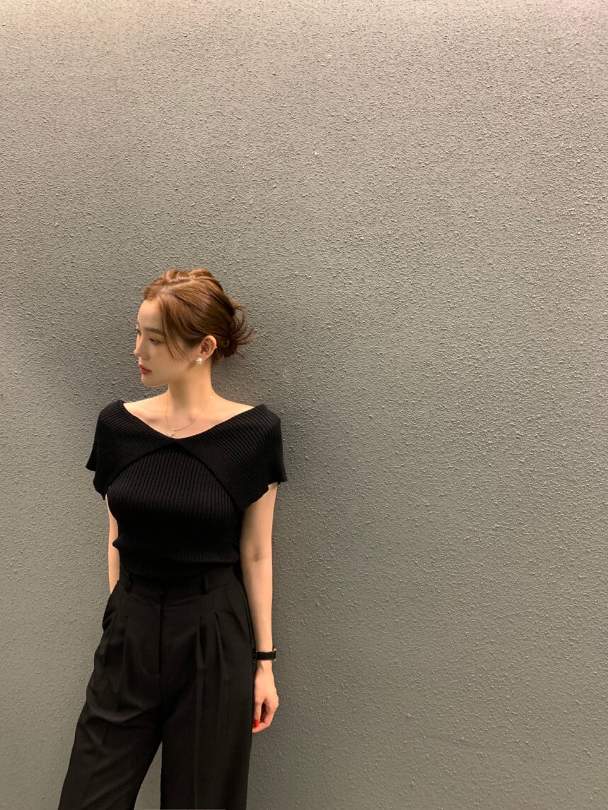 【tops】2色大きいラペルニットTシャツF7368