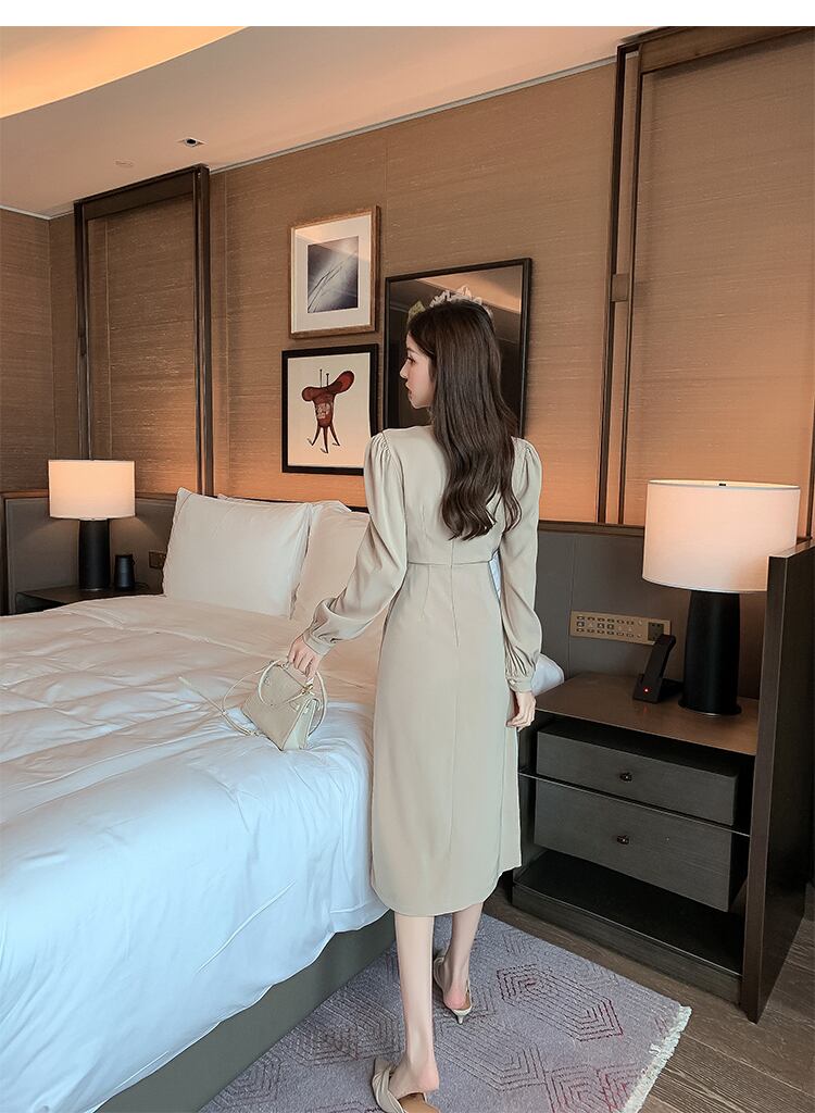 【dress】OL通勤気質満点レトロVネックハイウエストワンピース