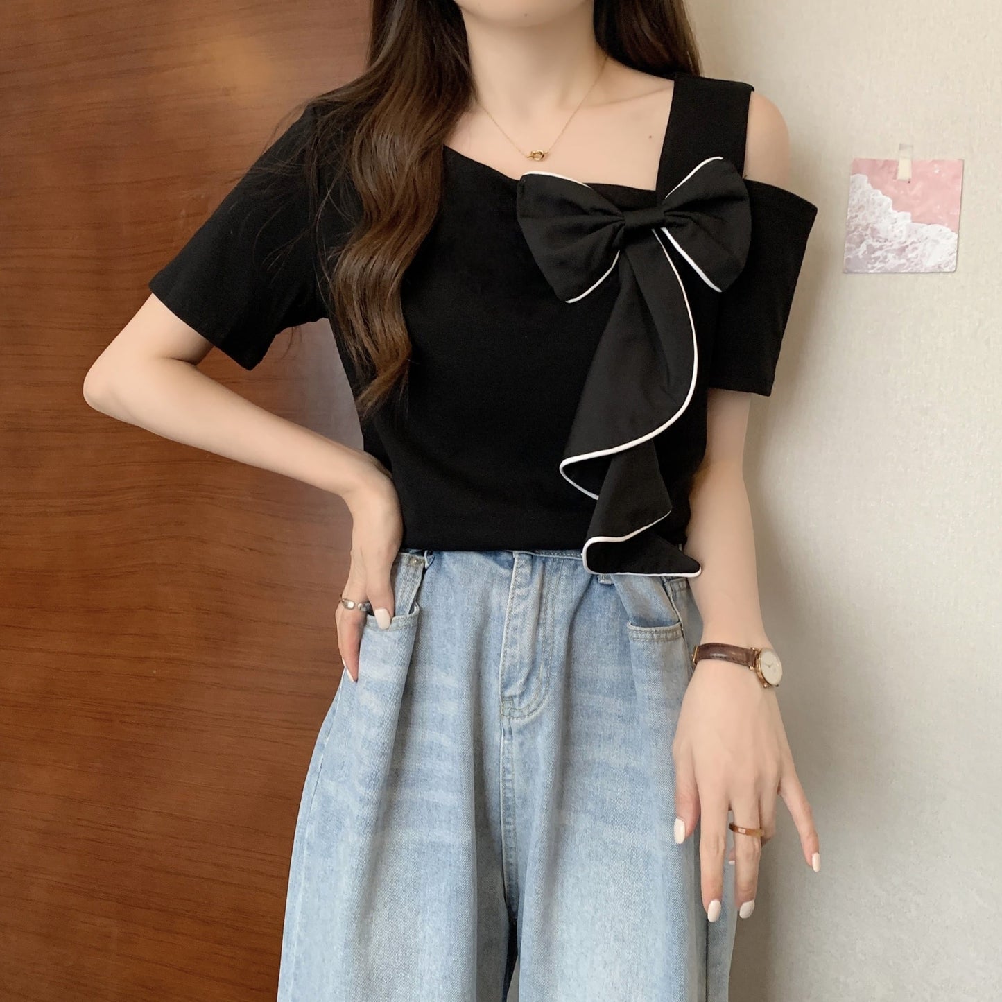 【tops】オフショルダーリボンTシャツG21045