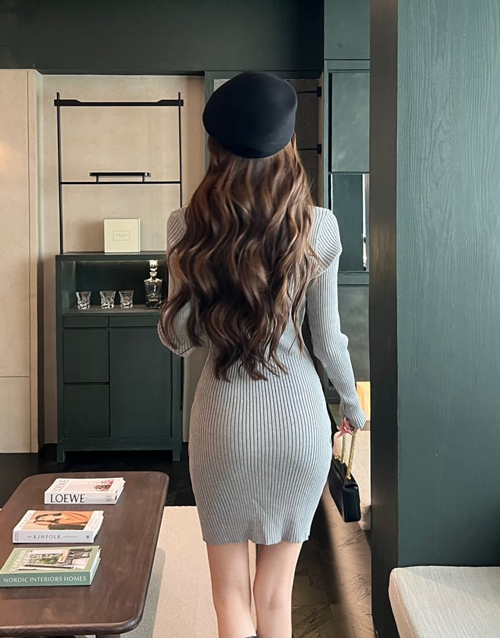 【dress】Vネックタイトニットワンピース Q6776