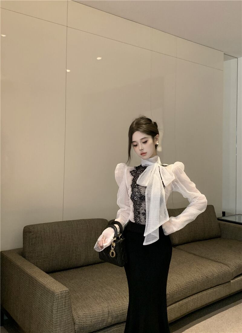 【tops】レース切り替リボン付きシャツトップス M27164