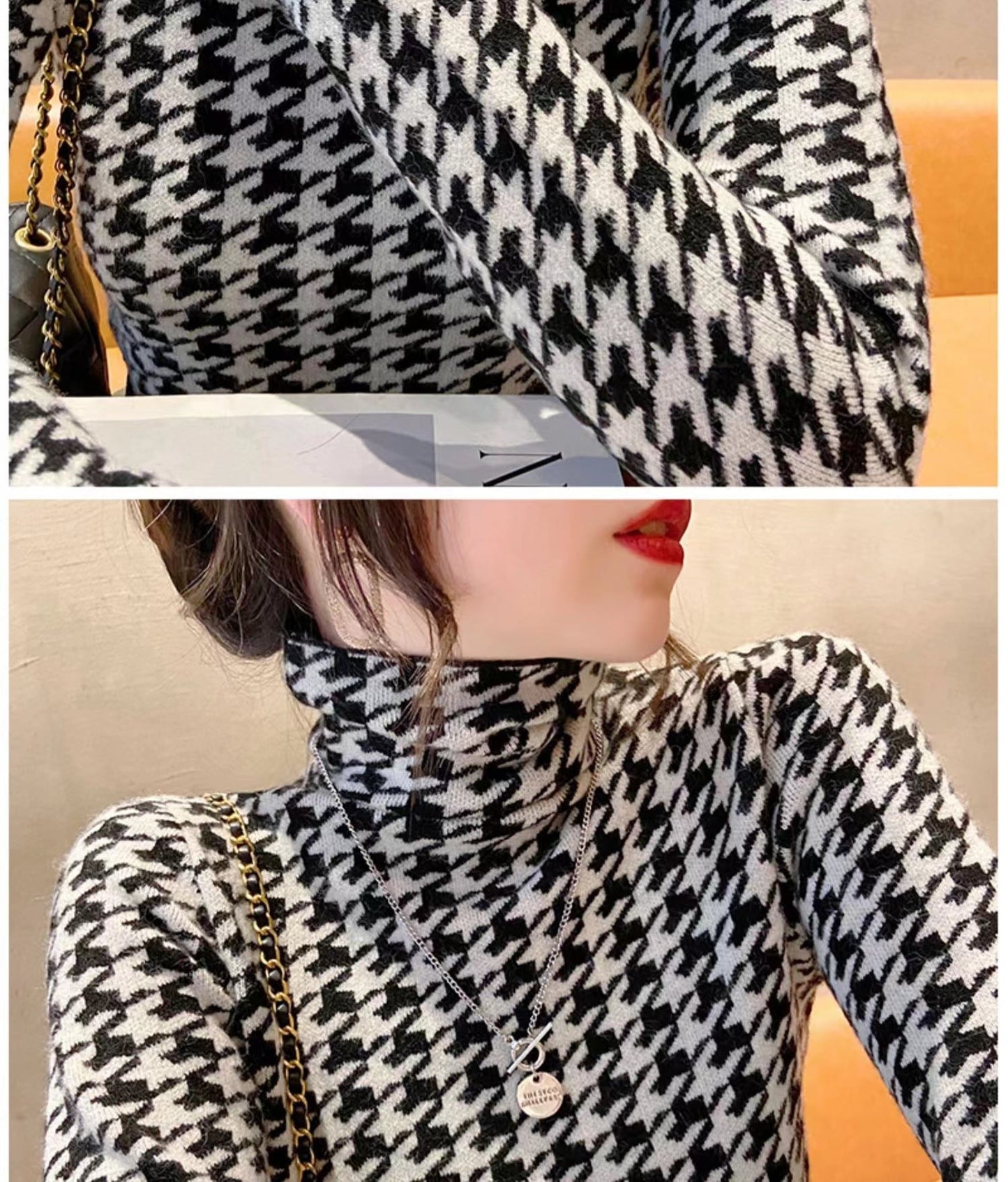 【tops】ハイネック長袖千鳥柄おしゃれ体型カバー着回しニットF3514