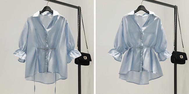 【tops】Vネック美人度アップ!韓国系夏ルーズスウィートフリルシフォンシャツ