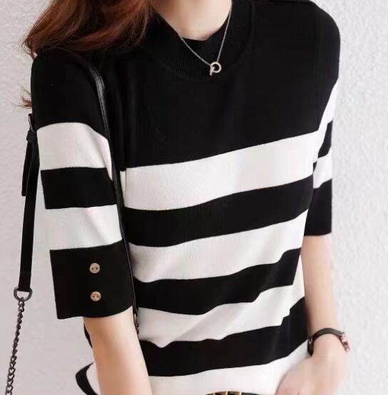 【tops】ストライプ柄ニットTシャツG21400