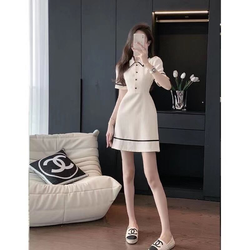 【dress】店長推薦POLOネック半袖配色韓国ファッションAラインワンピースF3134