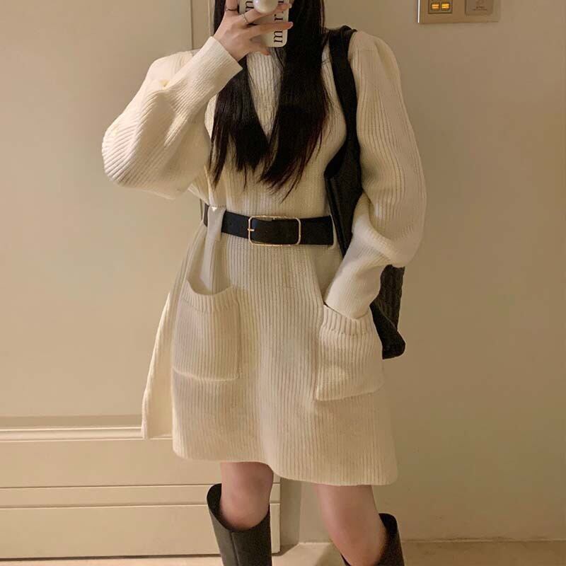 【dress】アウトポケットニットワンピースベルト付き M17887
