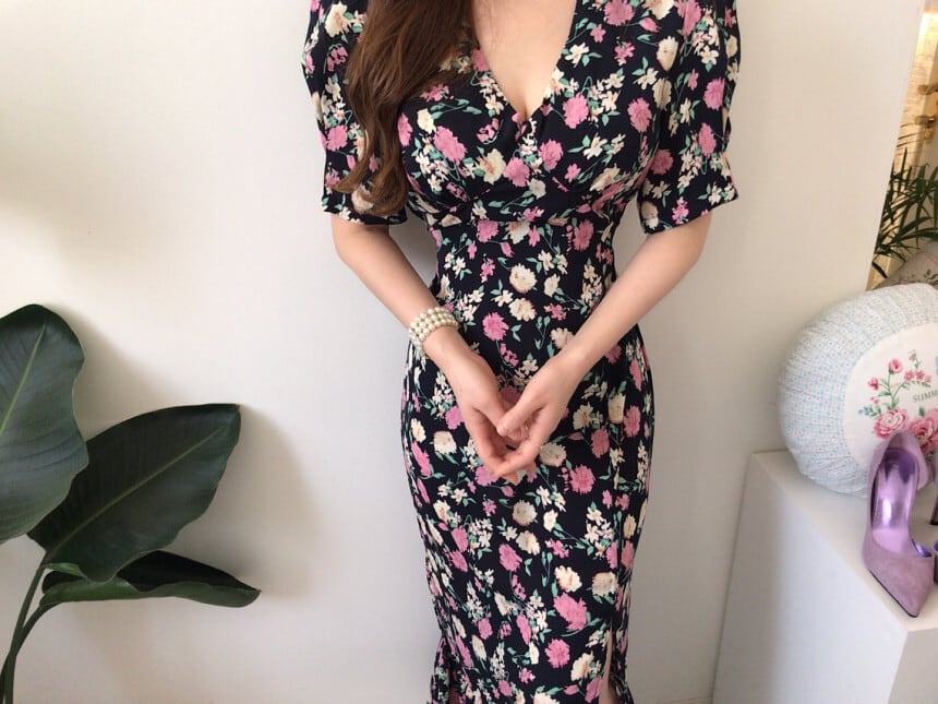 【dress】エレガントVネック気質満点夏スリット体型カバー着痩せシフォンワンピース G8301