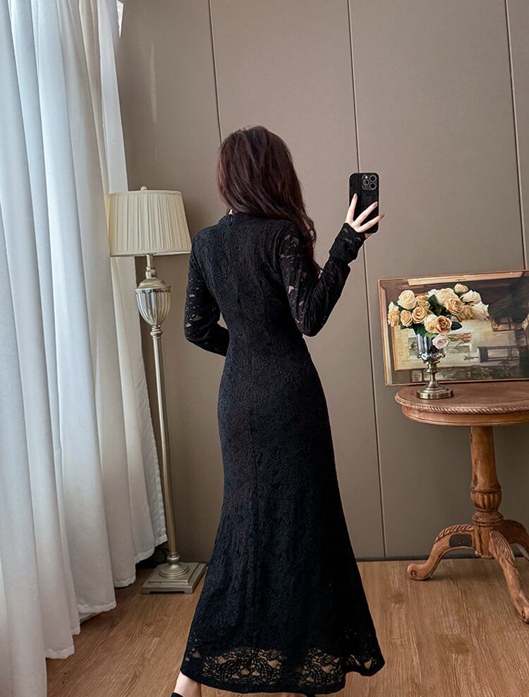 【dress】ファー付きレースワンピース Q7498
