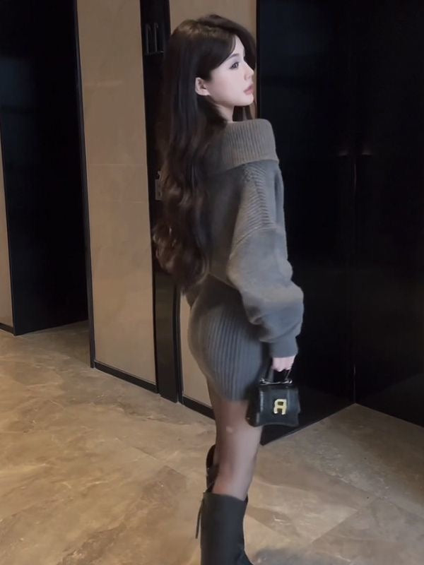 【dress】長袖タイトニットワンピースF8435