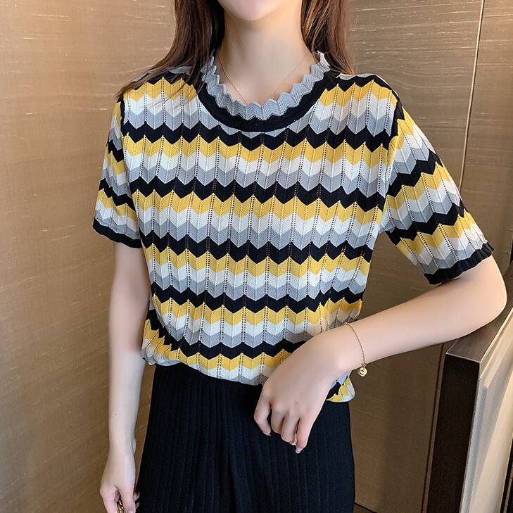 【set】薄手ニットラウンドネックTシャツ+無地ガウチョパンツおしゃれセットアップ