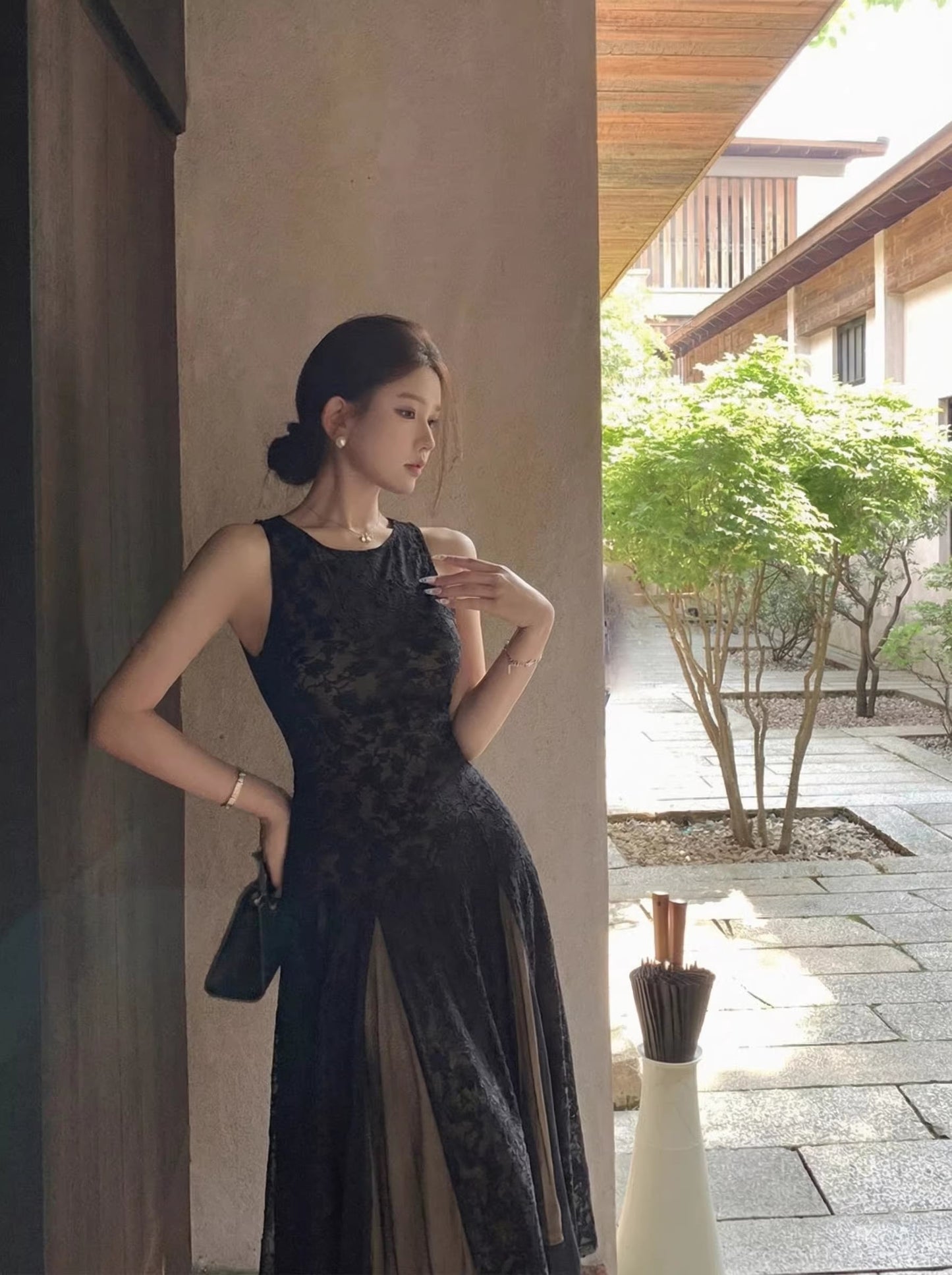 【dress】ノースリーブレースロングワンピース Q8273
