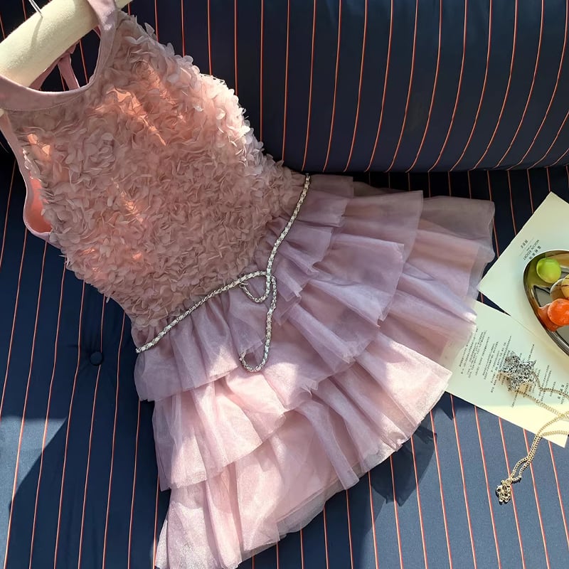 【dress】ノースリーブ立体感バラティアードワンピース Q8474