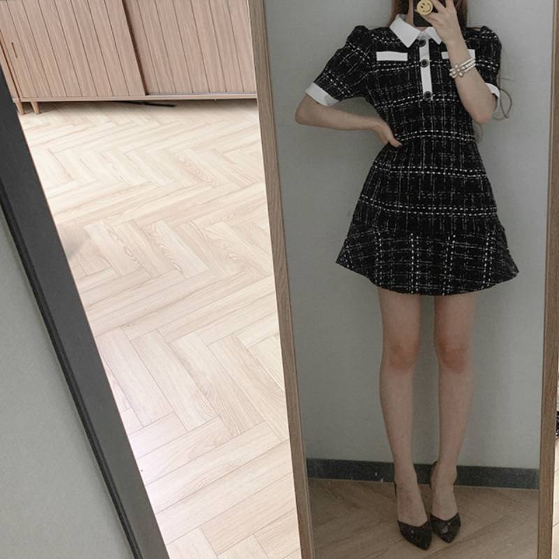 【dress】韓国ファッション2色OL通勤POLOネック半袖パフ袖チェック柄AラインワンピースF2636