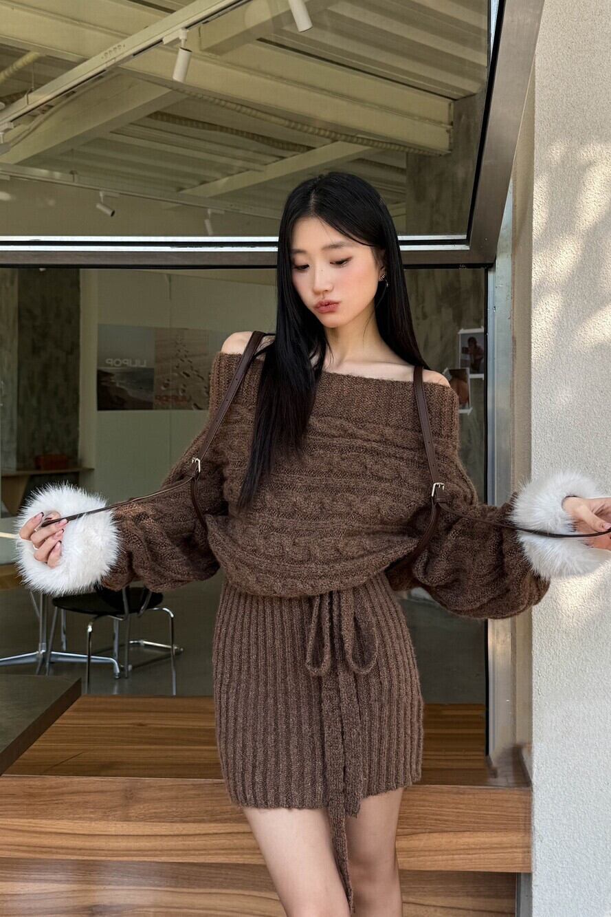 【dress】チョーカー付袖ファーオフショルダーニットワンピース N2892