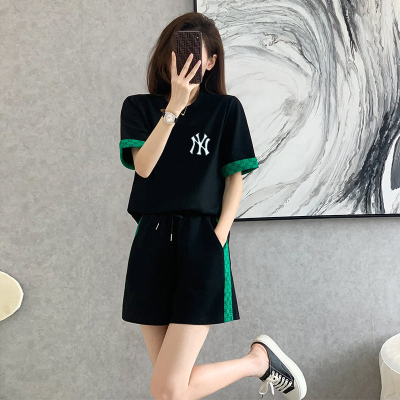 【set】3色英字柄Tシャツ+ショートパンツ2点セットF7675