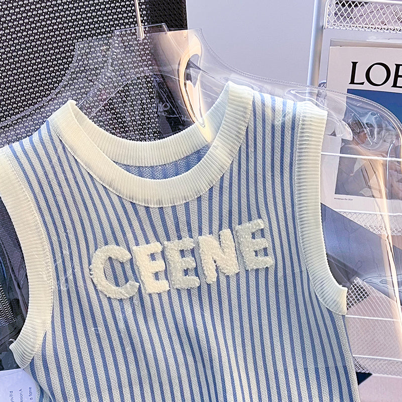 【tops】ストライプ柄ニットタンクトップF7753