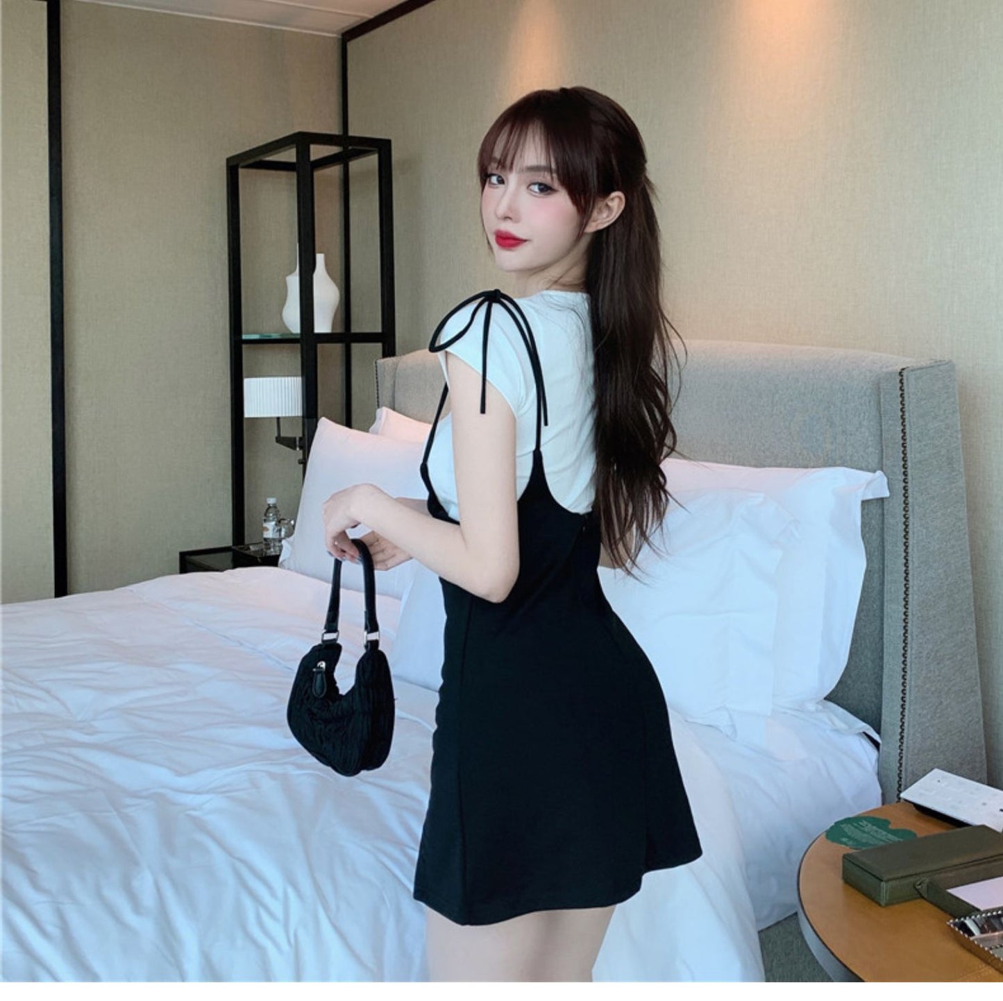 【set】Tシャツ+スリットサロペットスカート2点セットF7772