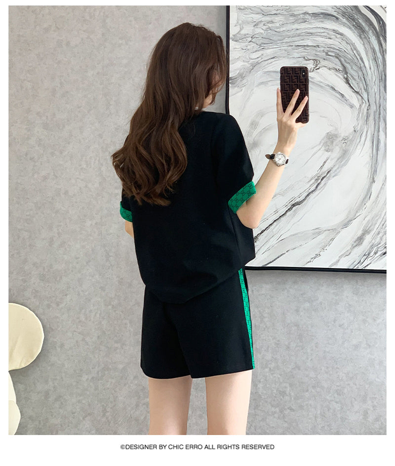 【set】3色英字柄Tシャツ+ショートパンツ2点セットF7675