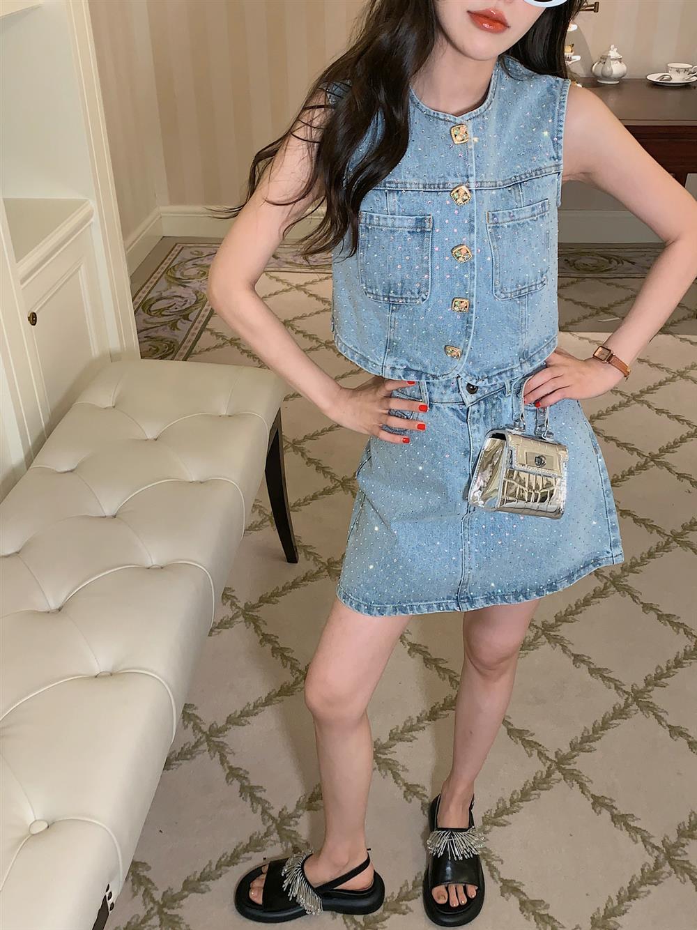 【set】キラキラトップス+スカートデニム2点セットF7900