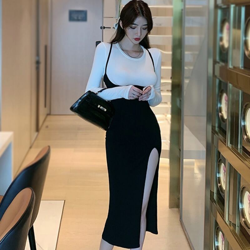 【set】好感度UP!気質満点長袖トップス+スリットキャミワンピース体型カバー2点セット G3307