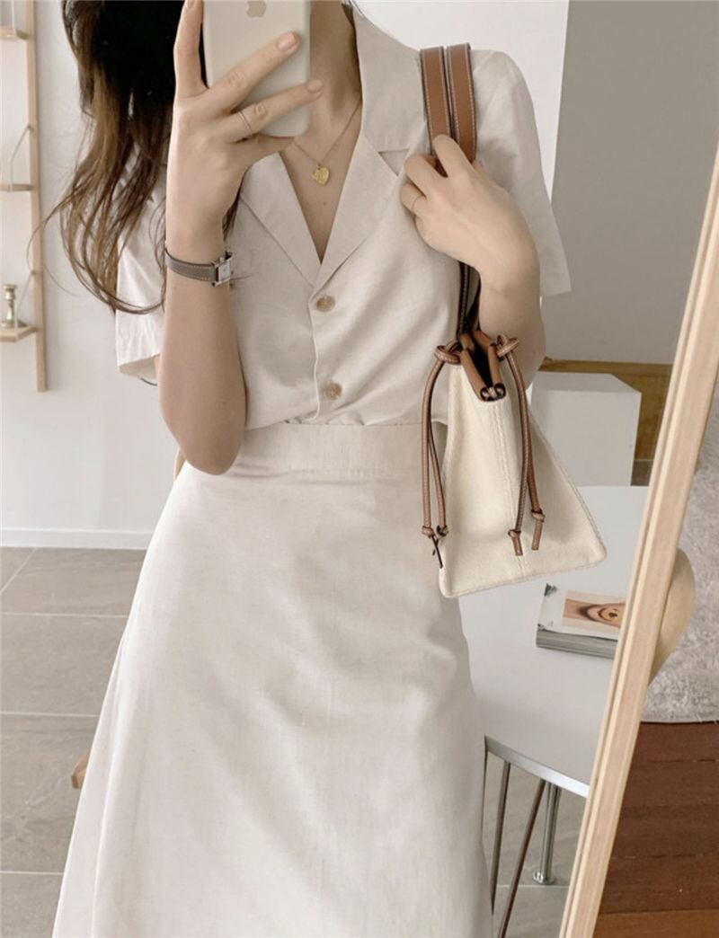 【set】折り襟無地ブラウス+Aライン体型カバースカートおしゃれセットアップF0069