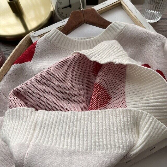 【tops】ラウンドネック長袖韓国ファッションハート柄配色ニットセーターF1057