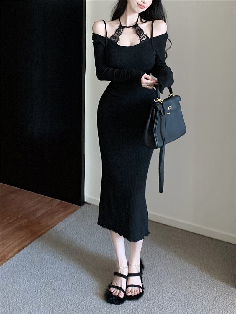 【dress】レースドッキングニットワンピース M27875