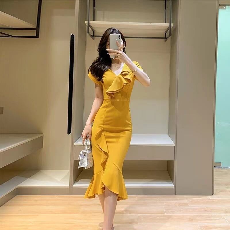 【dress】細身効果抜群♪夏新作2色Vネック半袖無地不規則フリル披露宴二次会タイトワンピースF2413