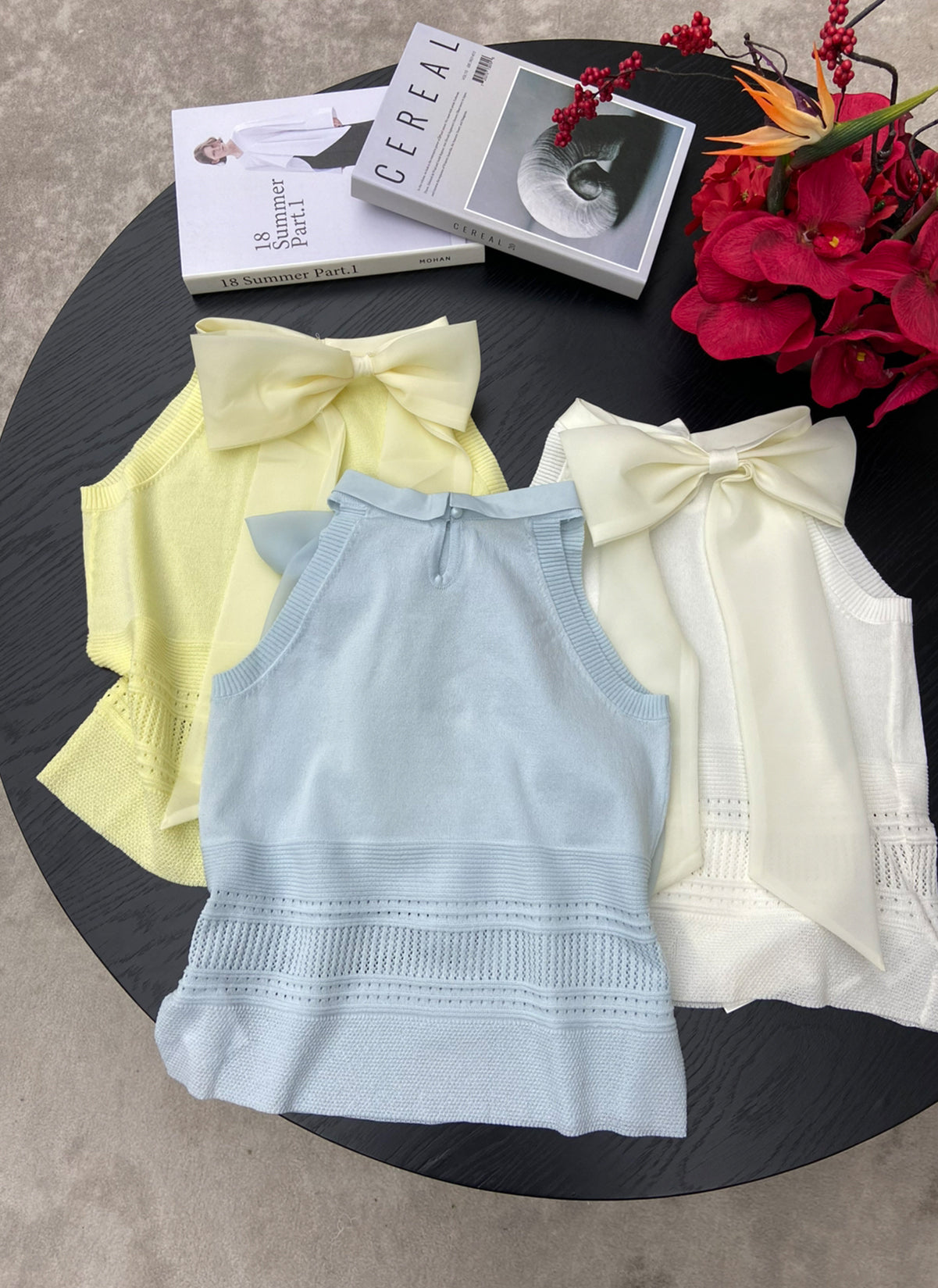 【tops】リボン付きノースリーブニットトップス Q8775