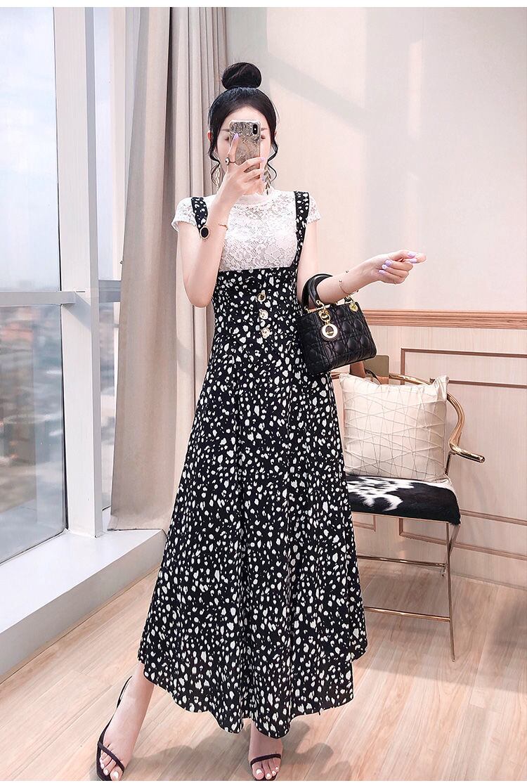 【set】好感度満載!レース無地ブラウス+花柄スリットサスペンダースカートおしゃれセットアップ