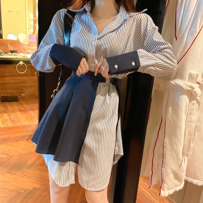 【set】ファッション気質満点個性派スカート+切り替えストライプ柄シャツワンピース2点セット G9207