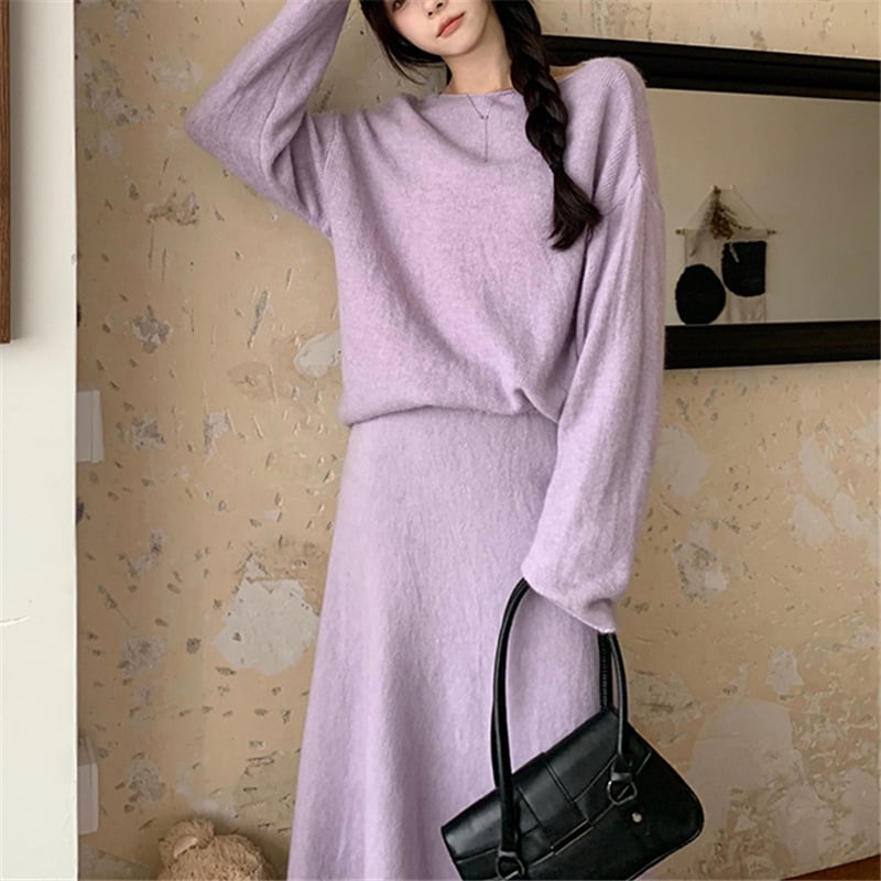 【set】シンプルニットセーター×スカートセット N2247