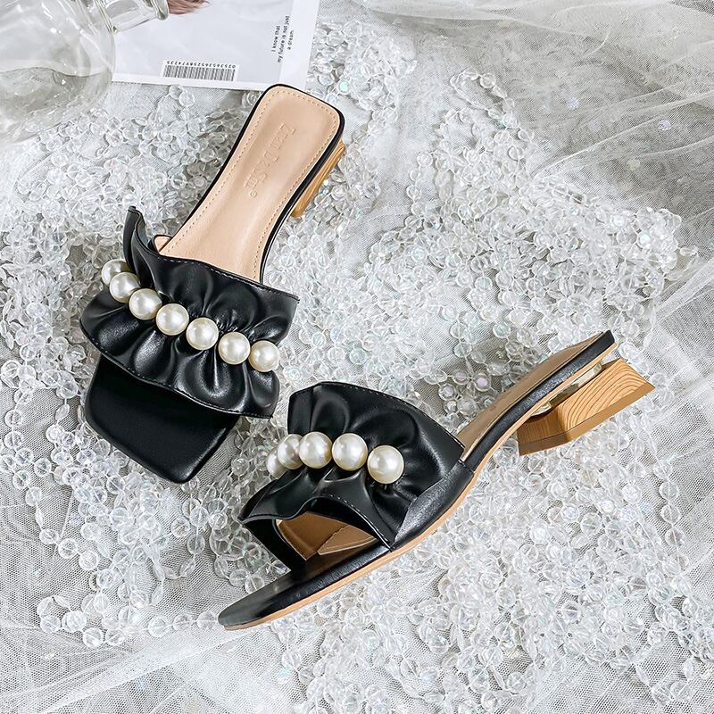 【shoes】美人度アップ3色スクエアトゥ履きやすい合わせやすいビーズ飾りスリッパサンダルF2754