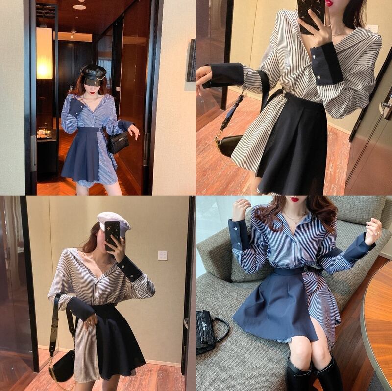 【set】ファッション気質満点個性派スカート+切り替えストライプ柄シャツワンピース2点セット G9207