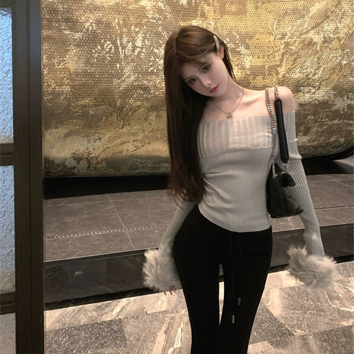 【tops】オフショルダー袖ファーニットトップス N2148