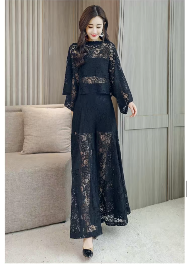 【set】ラウンドネックレース透かし彫りトップス(インナー付き)+カジュアルパンツ2点セット F1922