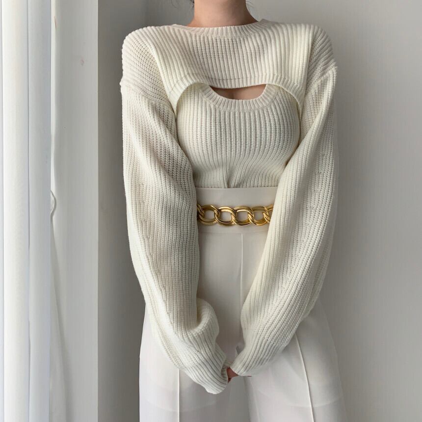 【set】無地ケープ+美シルエットタンクトップ通勤日常ニットおしゃれ2点セットF0966