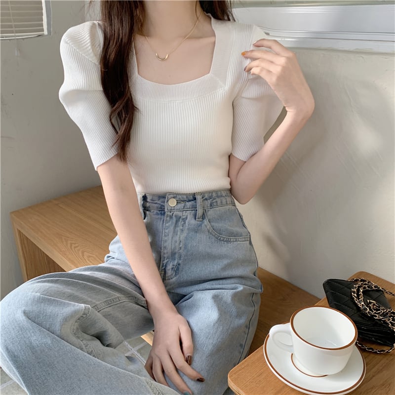 【tops】半袖パフ袖ニットTシャツF7510