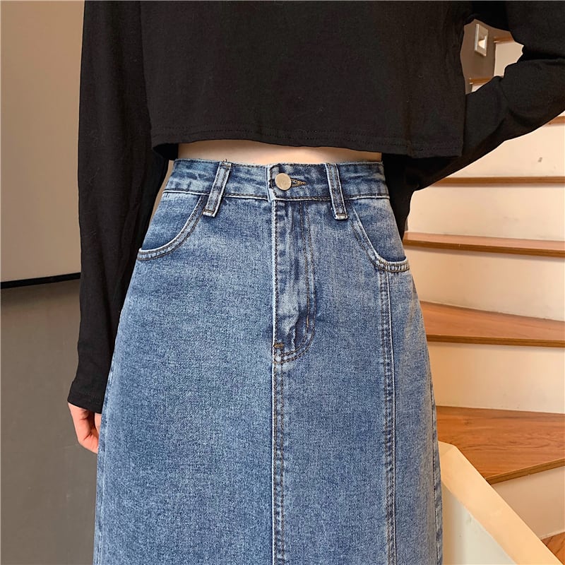 【bottoms】細身効果抜群♪INS風ポケット付きスリット合わせやすいデニムスカート