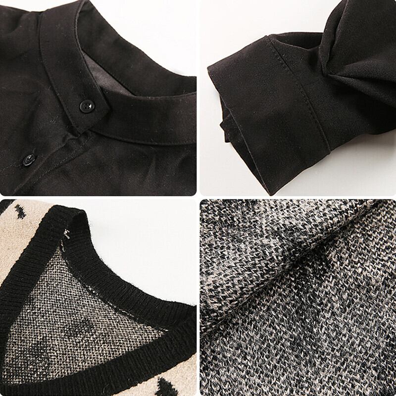 【set】好感度UP!気質満点レトロ秋冬ルーズニットベスト+長袖シャツ2点セット G3602