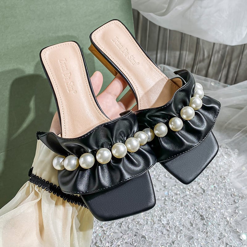 【shoes】美人度アップ3色スクエアトゥ履きやすい合わせやすいビーズ飾りスリッパサンダルF2754