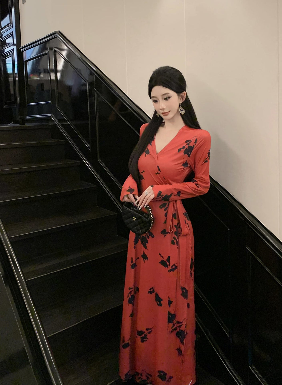 【dress】Vネックプリントワンピース M29347